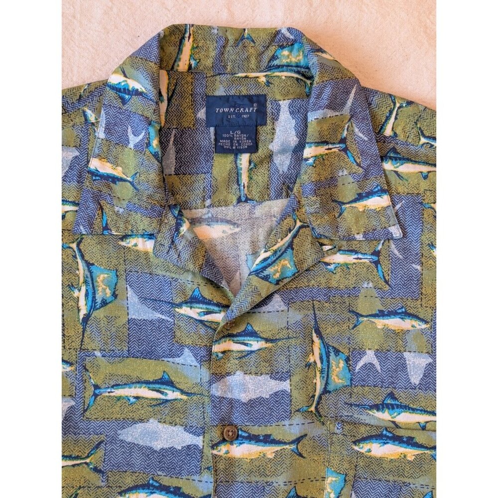 Vintage 90s Rayon Loop Collar Towncraft Swordfish AOP Summer Classic Beach LG